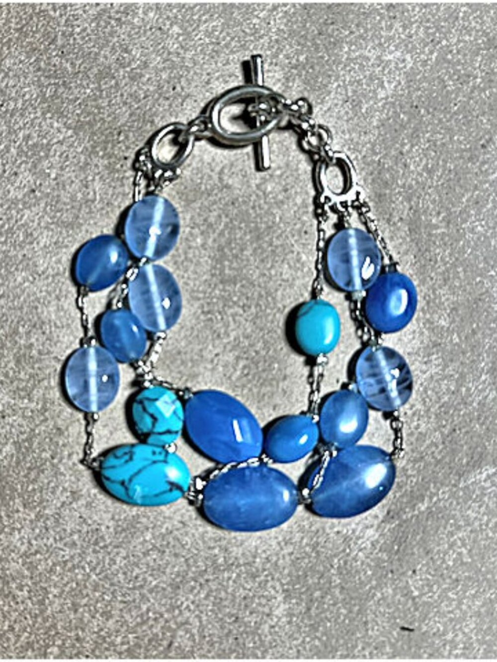 Blue Beaded Bangle Bracelet, Flat Beads, Toggle Clasp